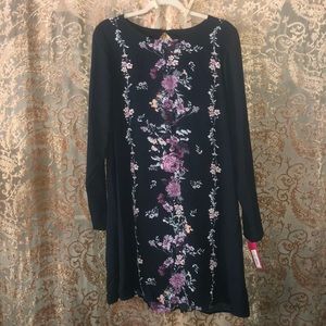 Navy blue long sleeve dress with purple flowers
